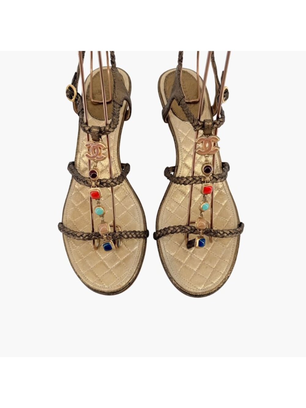 CHANEL Bronze Braided Slingback Sandals with Multicolor Gem Accents